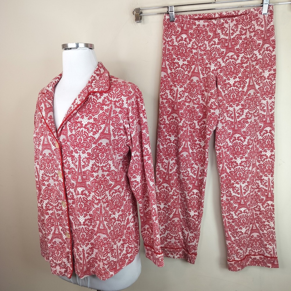 Bed Head Pajama Set Womens Medium Eiffel Tower Paris Lace Look Red White Cotton - Picture 5 of 11
